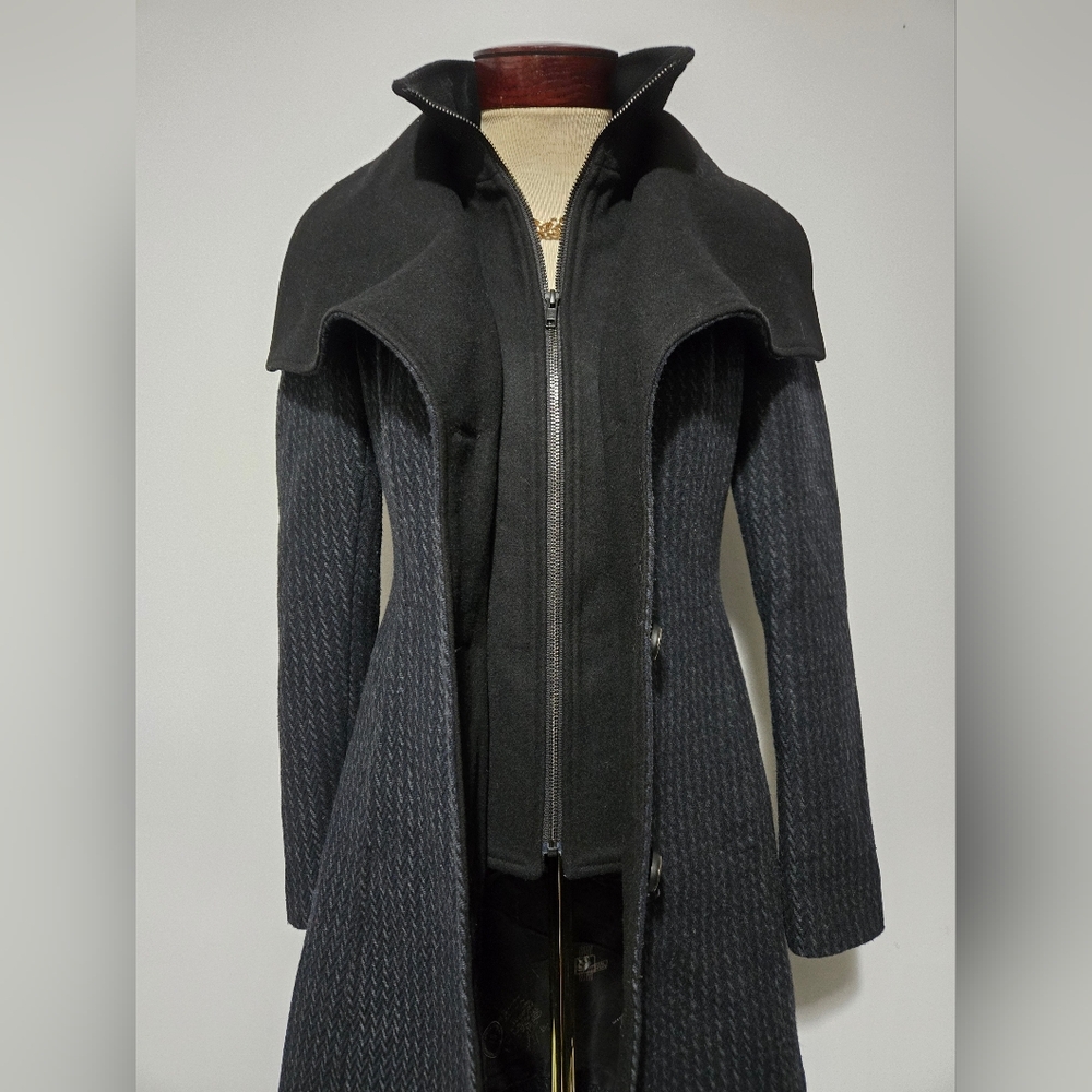 SOIA & KYO Black/ Grey Wool Coat With Oversized Collar And Inner Zip. Size XXS - Picture 9 of 16